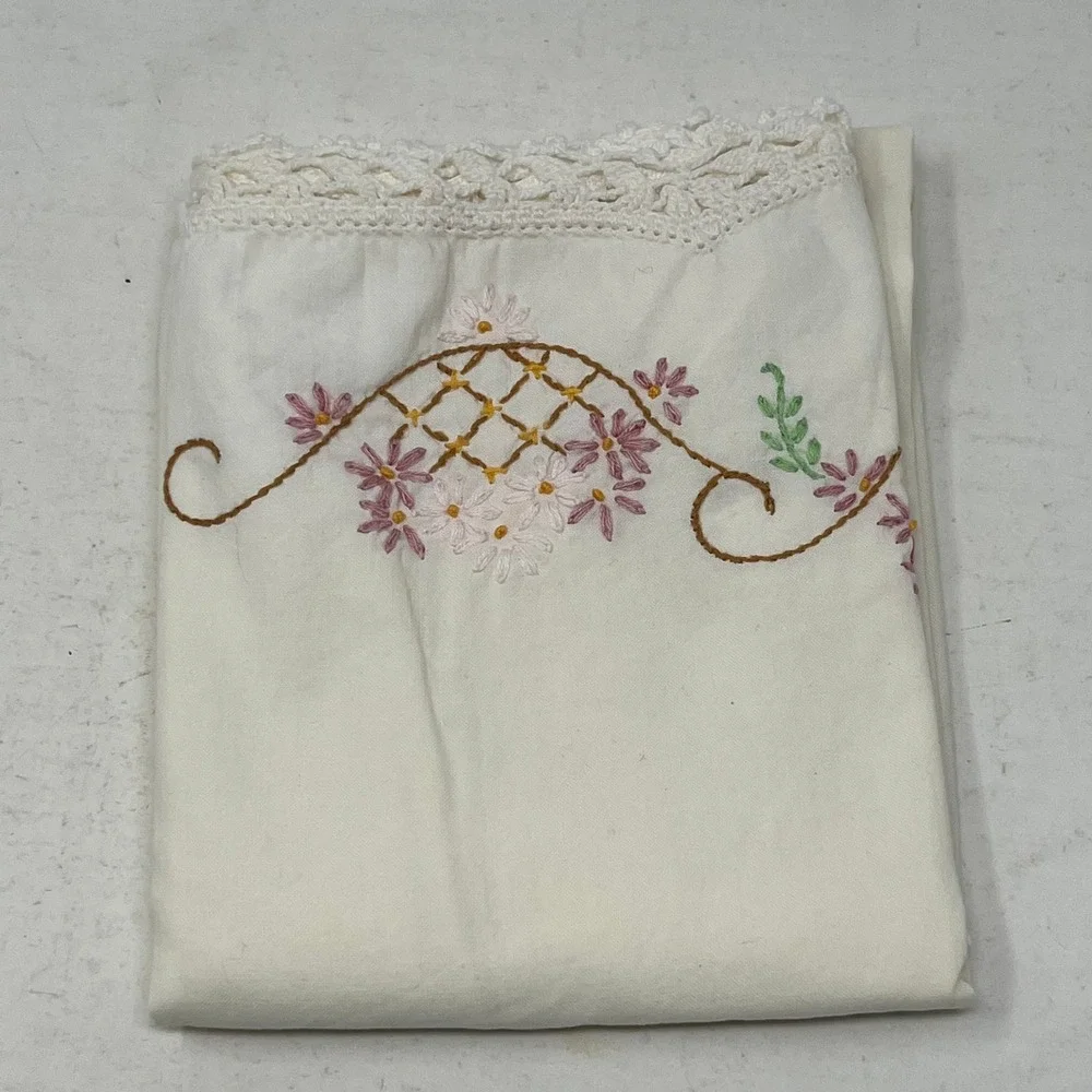 VTG Hand Embroidered Floral Pillowcase White Cotton Crochet Lace Trim Standard